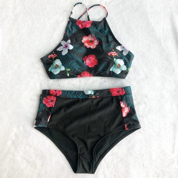 Two Piece Floral High Waisted Halter Bikini Set - Picture 1 of 4